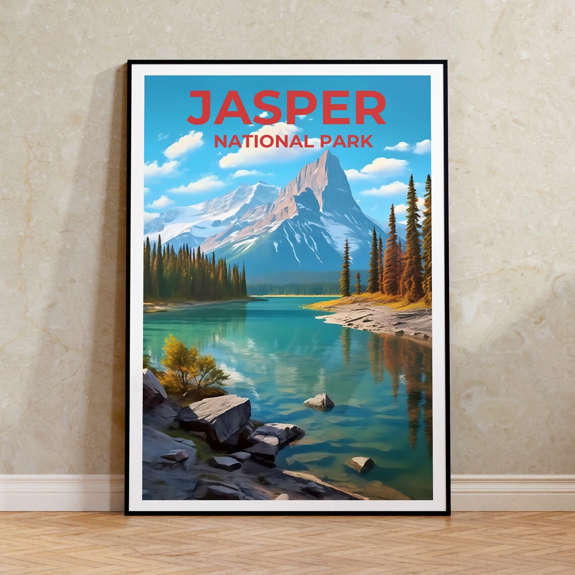Jasper National Park Turquoise Lake Mountain Peak Travel Poster