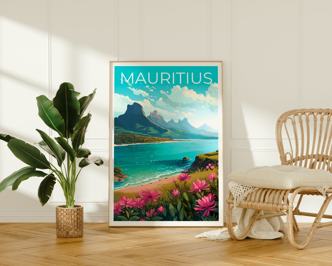 Mauritius Turquoise Bay Volcanic Peaks Flower Coast View Poster - Image 2