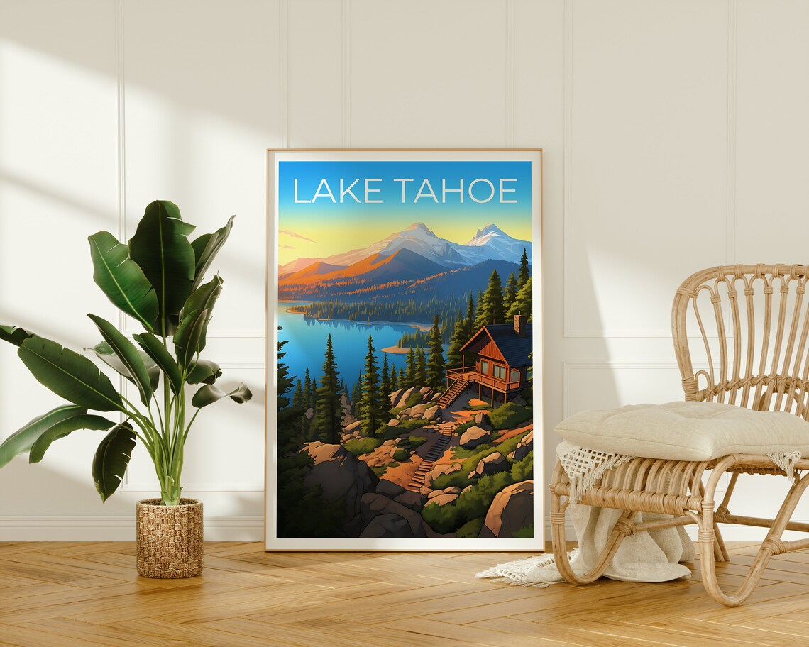 Lake Tahoe Rocky Shoreline Sunset Reflection Mountains View Poster - Image 2