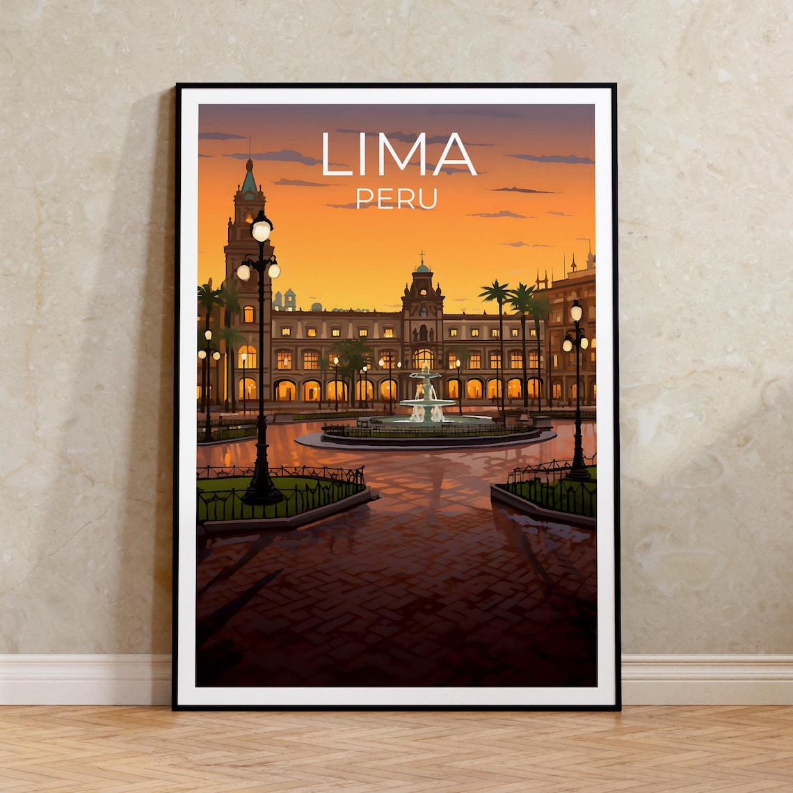 Lima Peru Plaza De Armas Fountain Dusk Historic Square View Poster