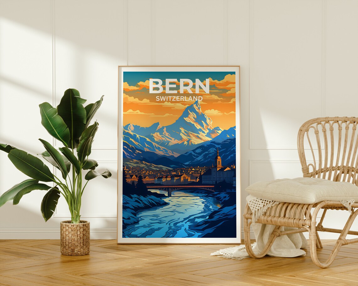 Bern Switzerland Old Town River Alpine Peak Sunset Travel Poster - Image 2
