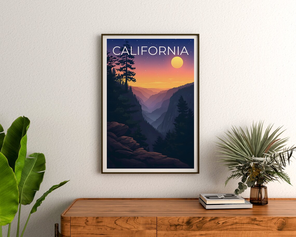 California Mountain Valley Sunset Pine Ridge Moonlit Sky Travel Poster - Image 3