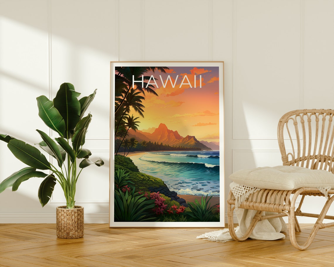 Hawaii Beach Sunset Golden Waves Palm Trees Ocean View Poster - Image 2