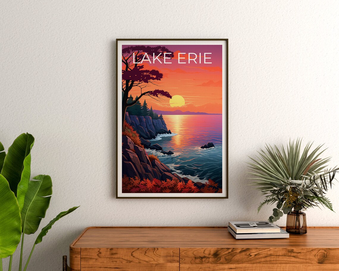 Lake Erie Sunset Rocky Shore Autumn Foliage Great Lakes Travel Poster - Image 3