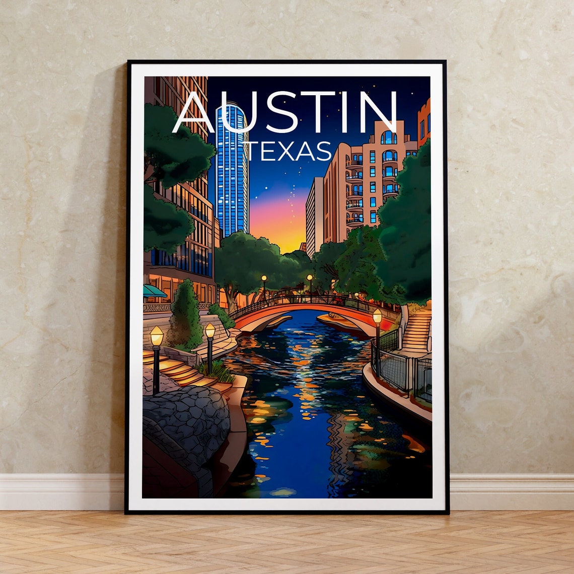 Austin Texas Nighttime River Walk Skyline Bridge Travel Poster