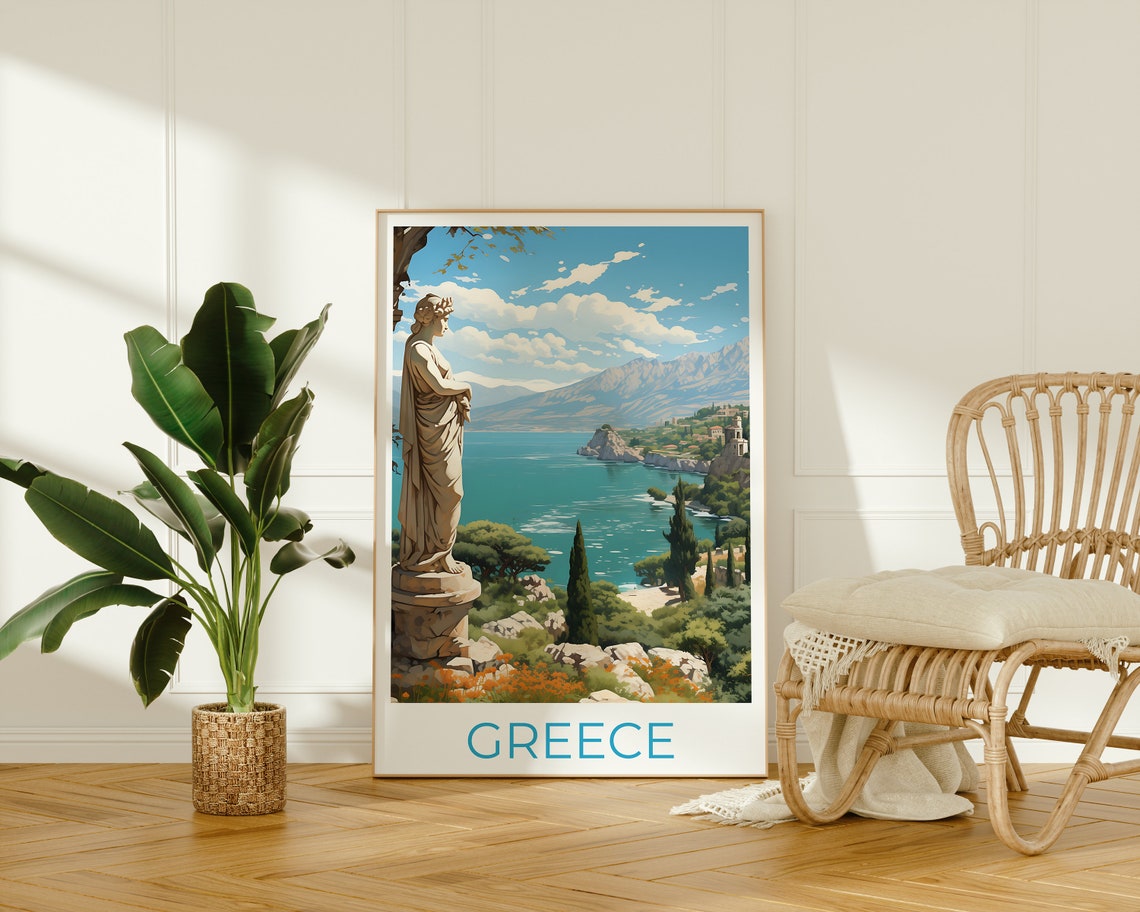 Greece Classical Statue Turquoise Coast Cypress Hillside View Poster - Image 2