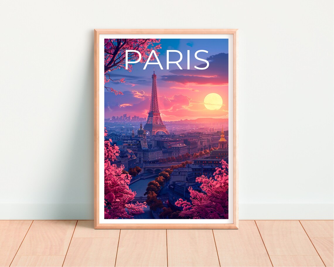 Paris France Eiffel Tower Sunset City Skyline Blossom Travel Poster - Image 4