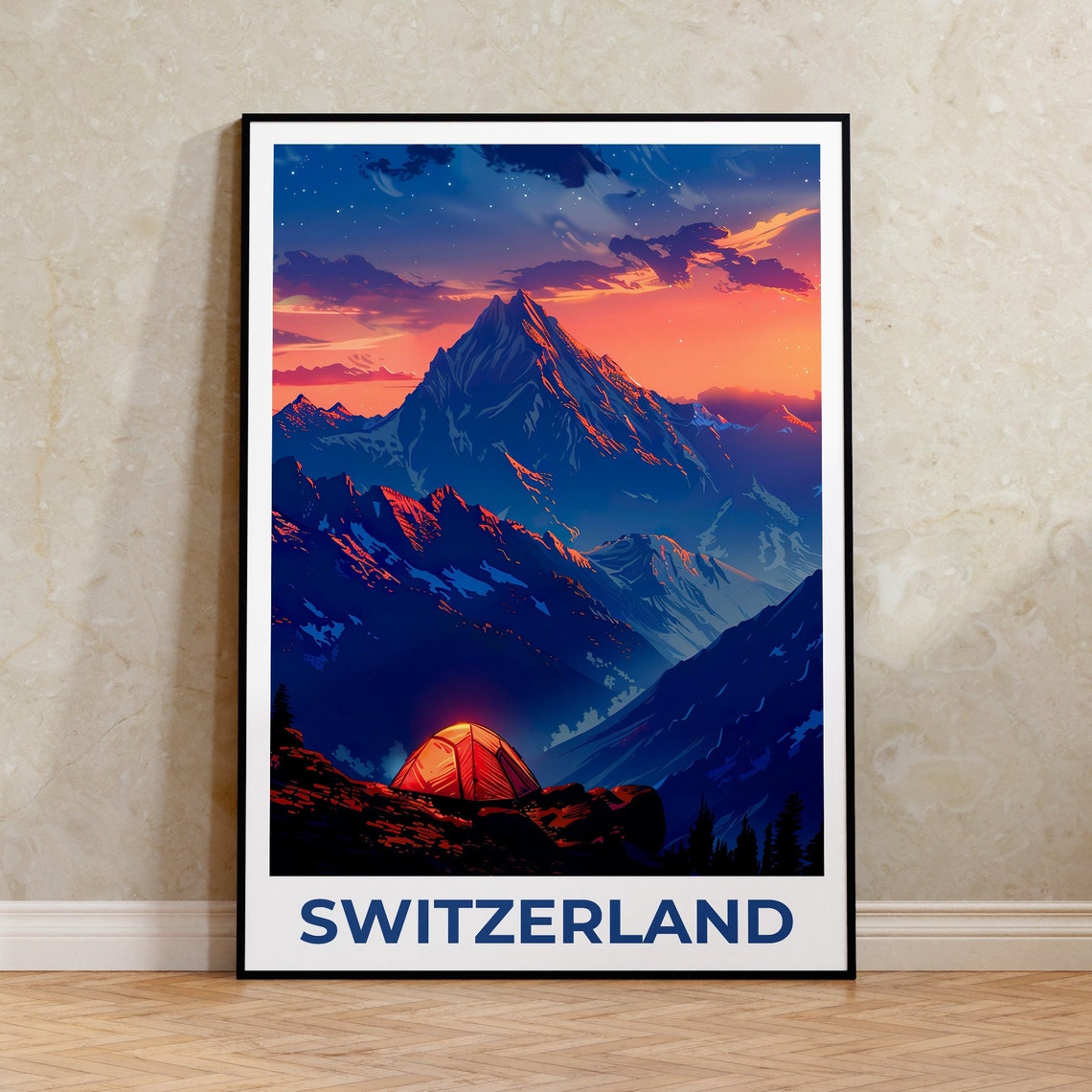 Switzerland Alpine Peak Sunset Glowing Tent Ridge Night Poster