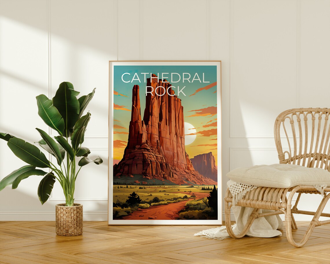 Cathedral Rock Arizona Red Rock Spire Desert Sunset Glow Travel Poster - Image 2
