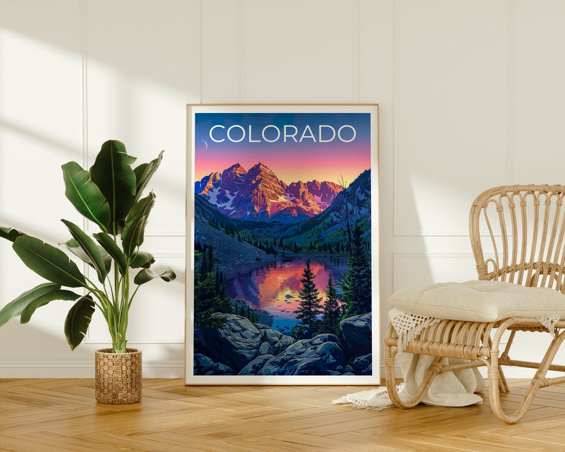 Colorado Alpine Lake Sunset Snowy Peaks Mountain Mirror Poster - Image 2