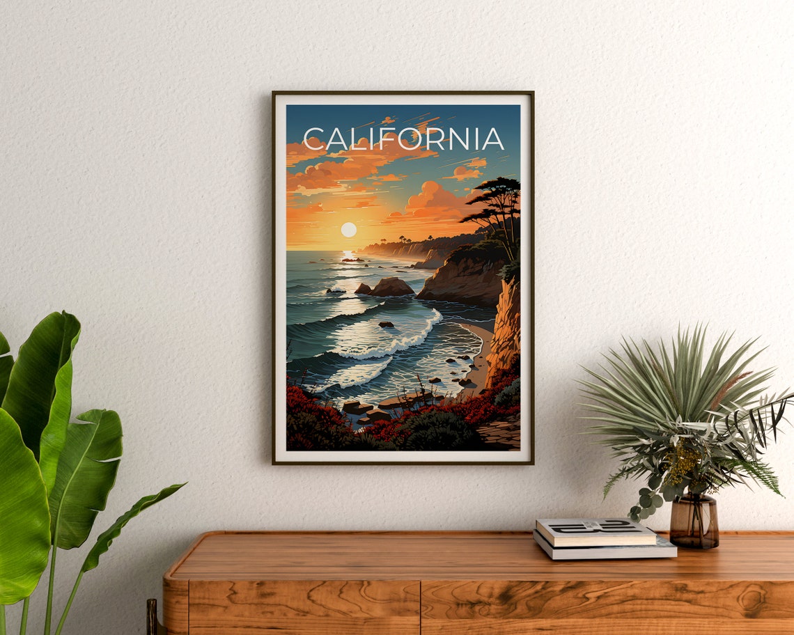 California Coast Sunset Golden Cliffs Ocean Waves Travel Poster - Image 3
