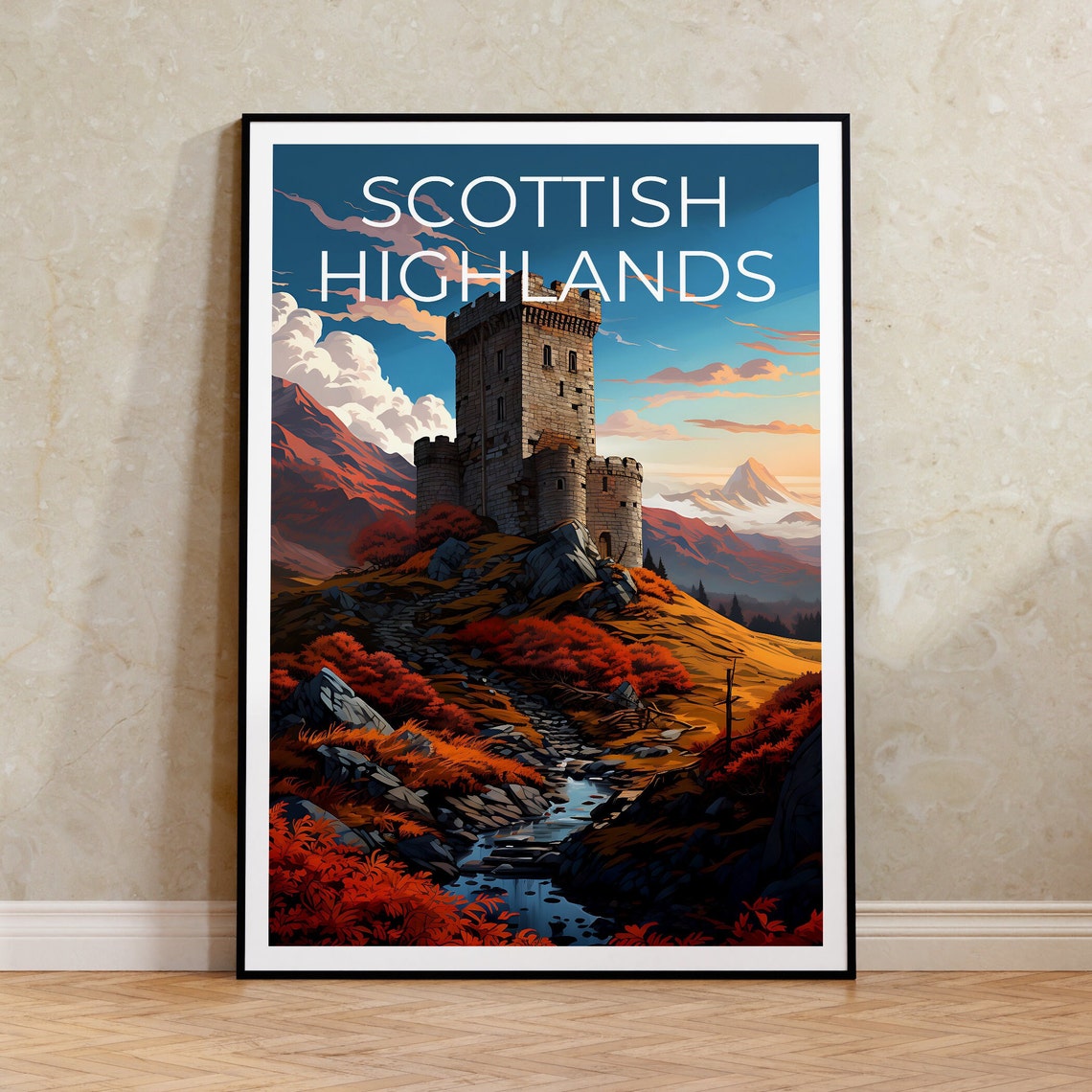 Scottish Highlands Castle Tower Autumn Sunset Hills Travel Poster