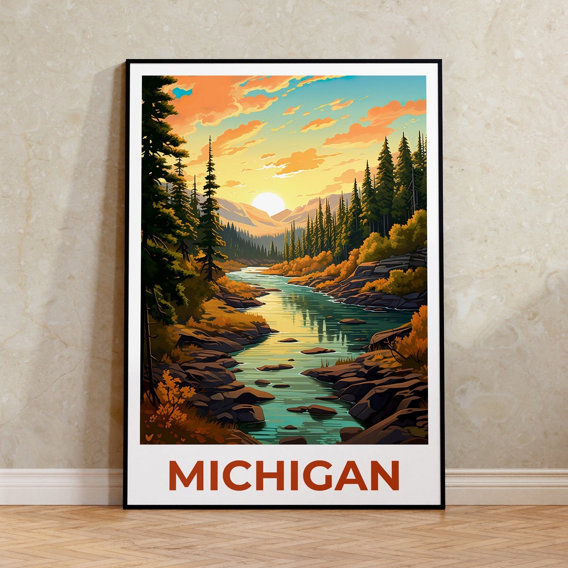 Michigan River Sunset Pine Forest Rocky Stream Valley Poster
