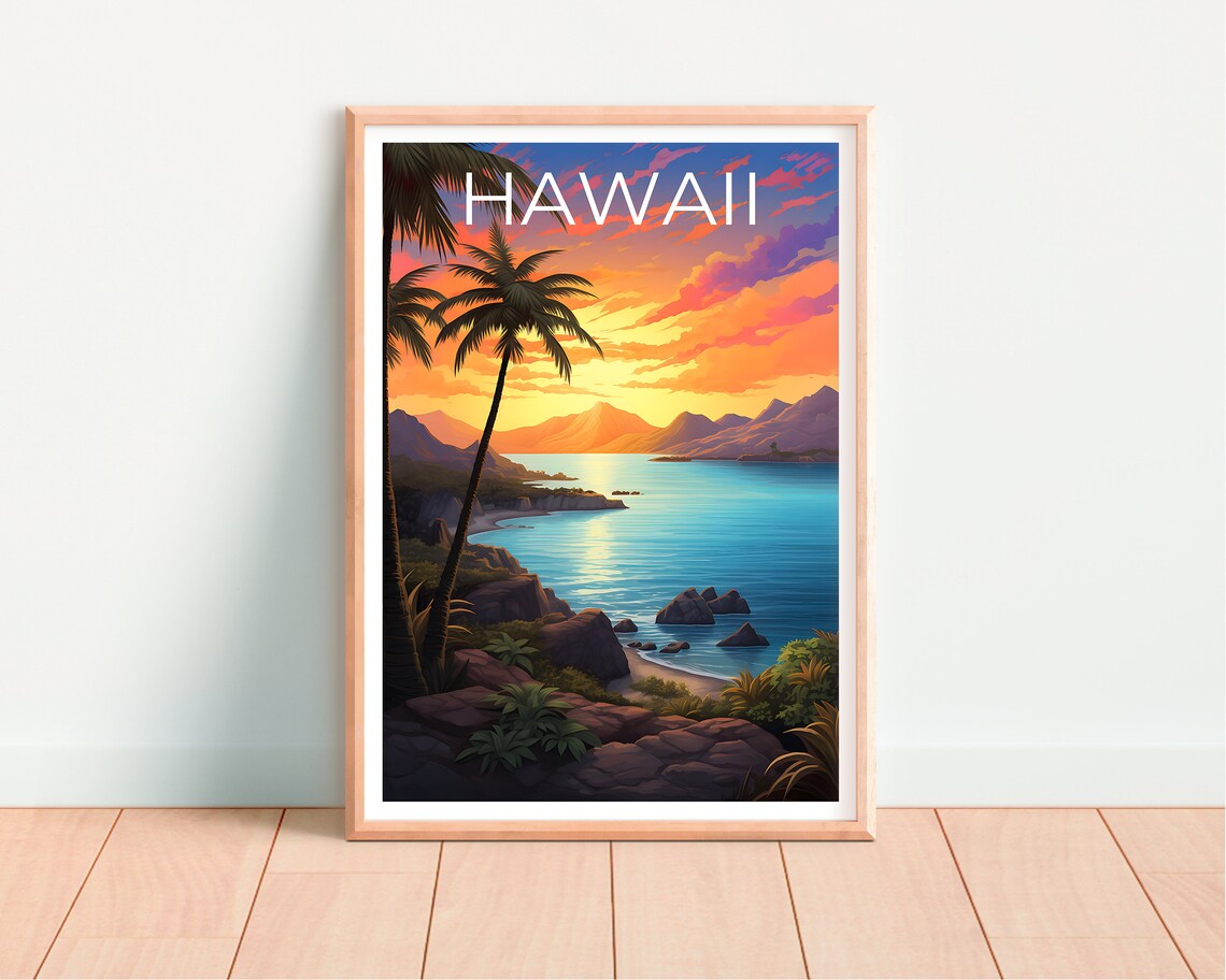 Hawaii Tropical Beach Sunset Palm Trees Rocky Cove Ocean Travel Poster - Image 4