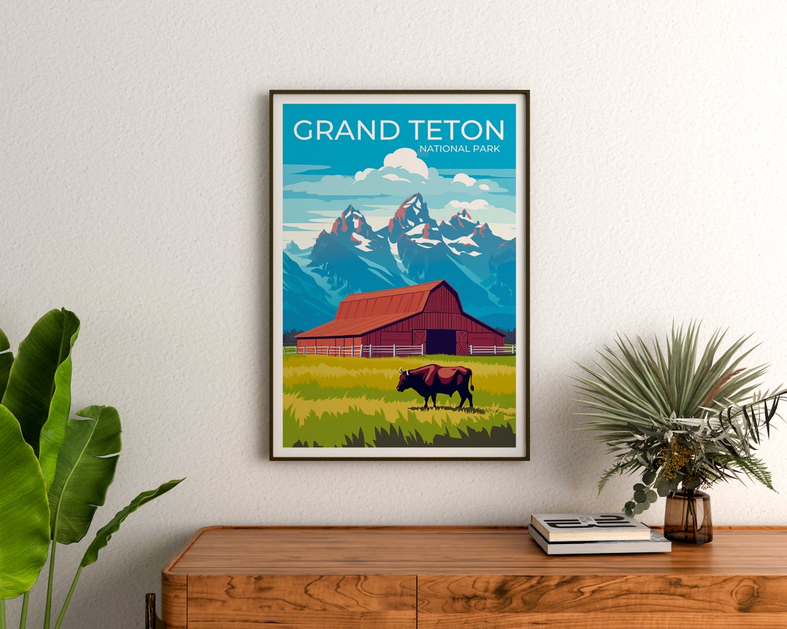 Grand Teton National Park Red Barn Bison Meadow Mountain View Poster - Image 3