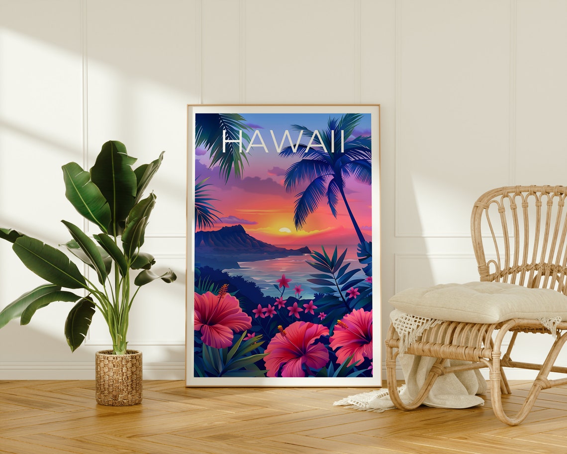 Hawaii Diamond Head Sunset Waikiki Bay Hibiscus Flower Poster - Image 2