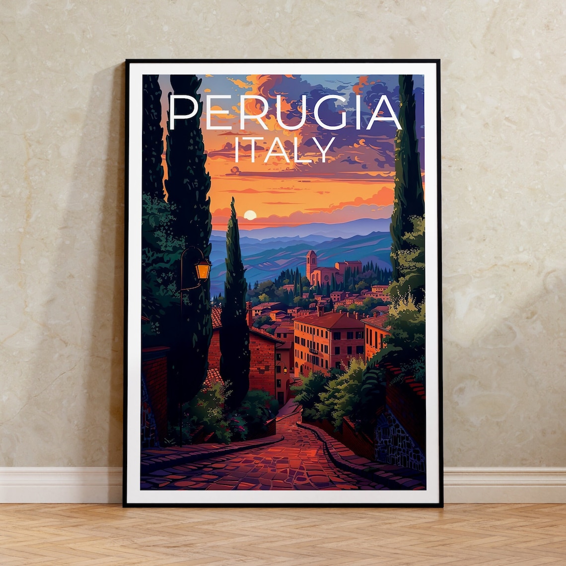Perugia Italy Umbrian Old Town Sunset Cobblestone Street Travel Poster