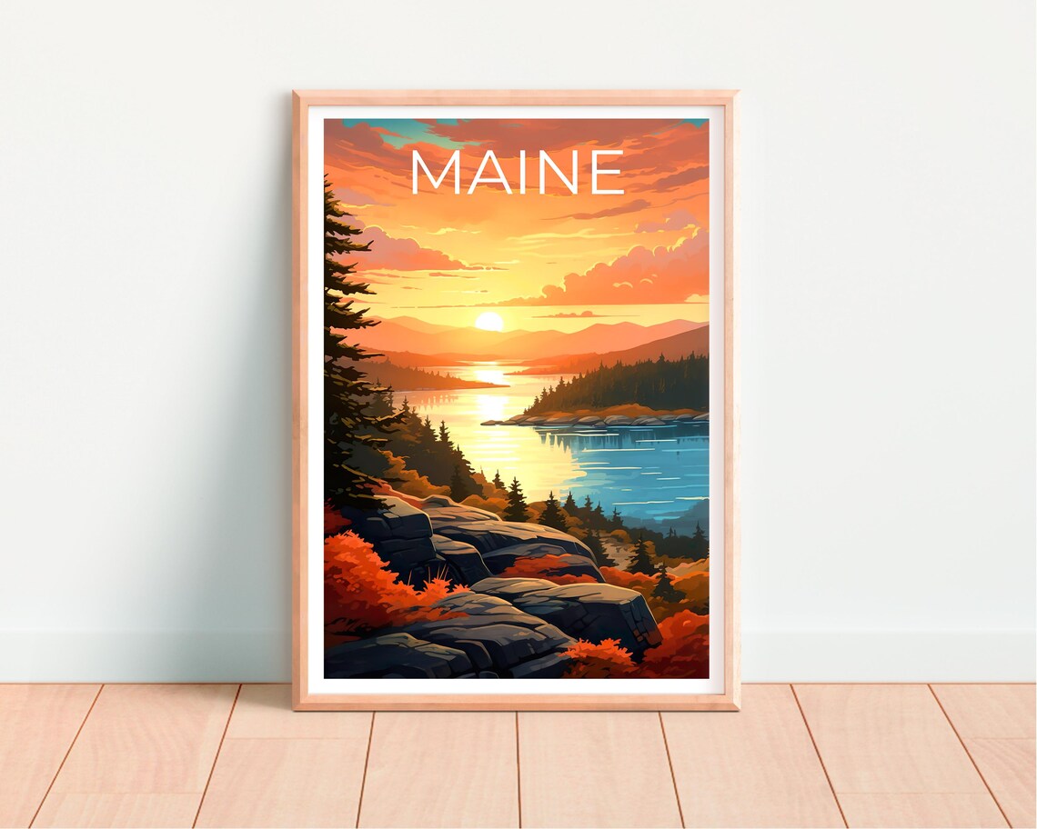 Maine Acadia Coast Rocky Shore Lake Sunset Autumn View Travel Poster - Image 4