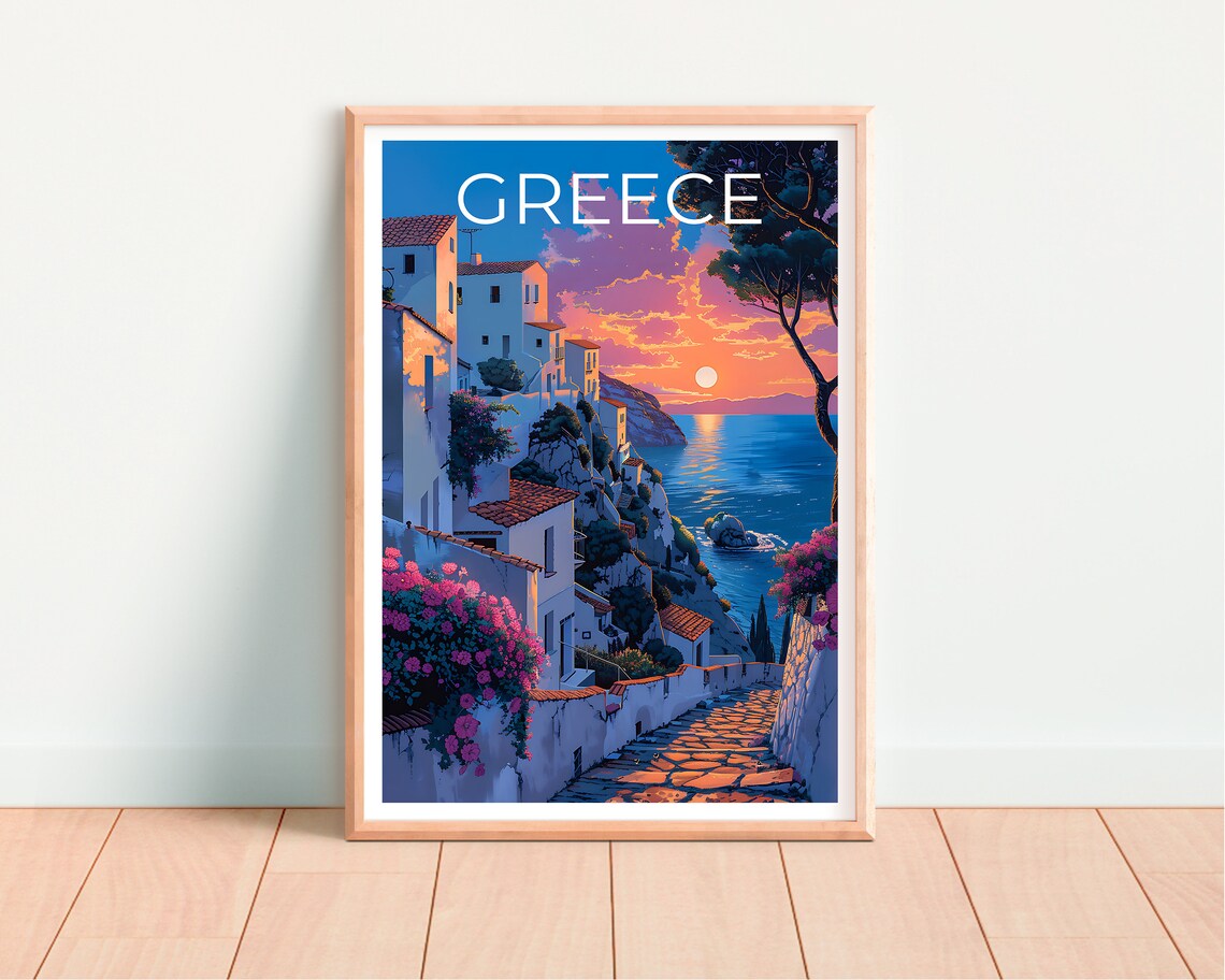 Greece Cliffside Village Sunset Bougainvillea Sea View Poster - Image 4