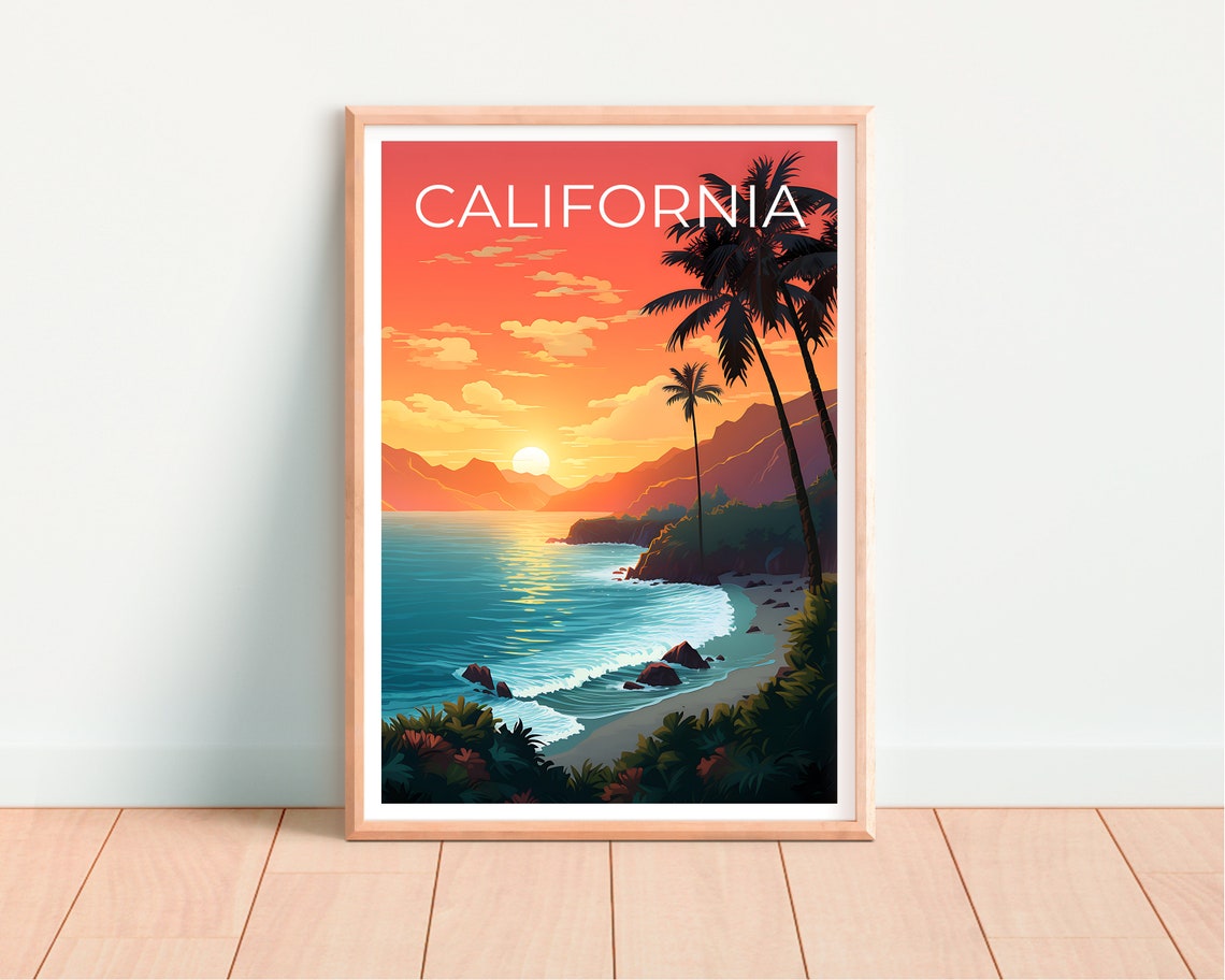California Coast Sunset Palm Trees Rocky Cove Beach View Poster - Image 4