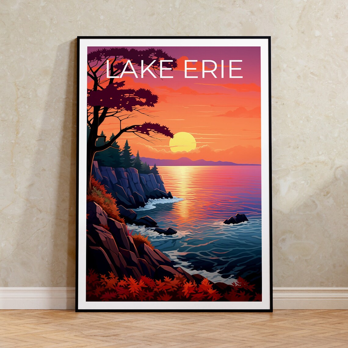 Lake Erie Sunset Rocky Shore Autumn Foliage Great Lakes Travel Poster