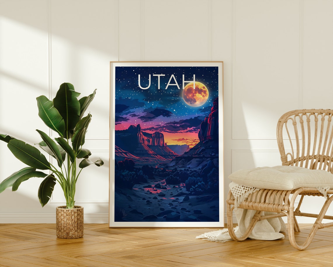 Utah Red Rock Canyon Giant Moon Starry Desert Night Sky Poster - Image 2