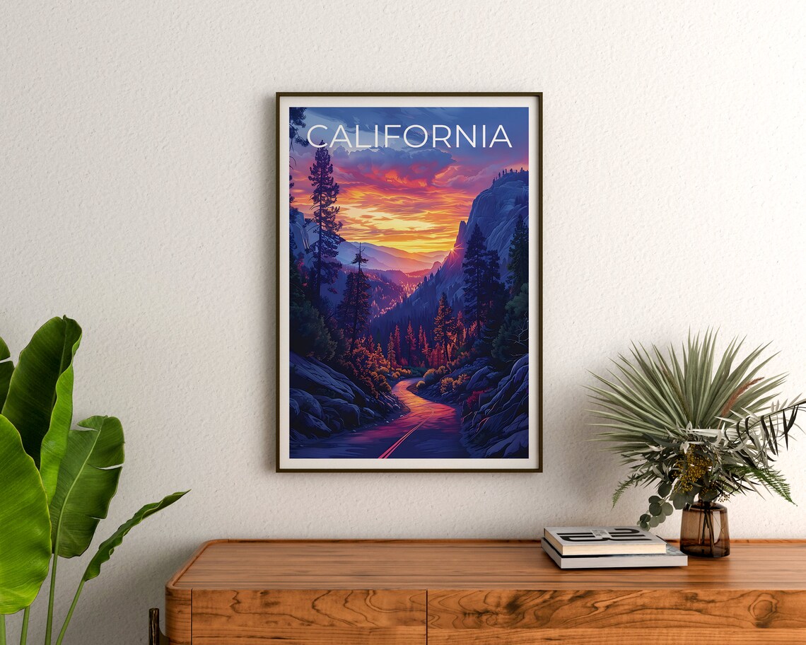 California Mountain Road Sunset Pine Forest Valley Drive Travel Poster - Image 3