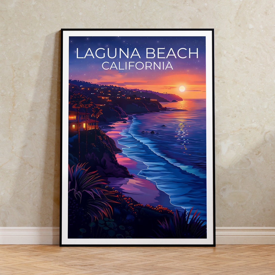 Laguna Beach California Coastal Sunset Waves Cliffside Travel Poster