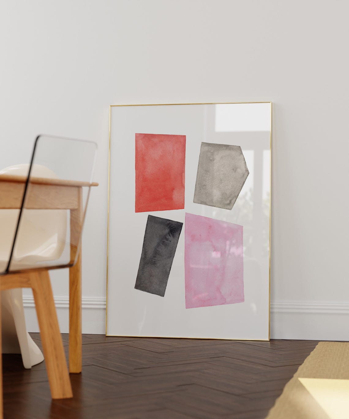Watercolor Geometric Blocks Red Pink Gray Modern Abstract Poster