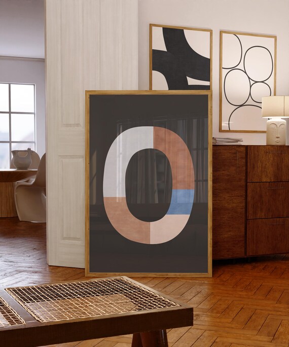Modern Mid Century Brown Blue Grey Soft Black Minimalist Art Poster Contemporary Painting Geometric Shape Art