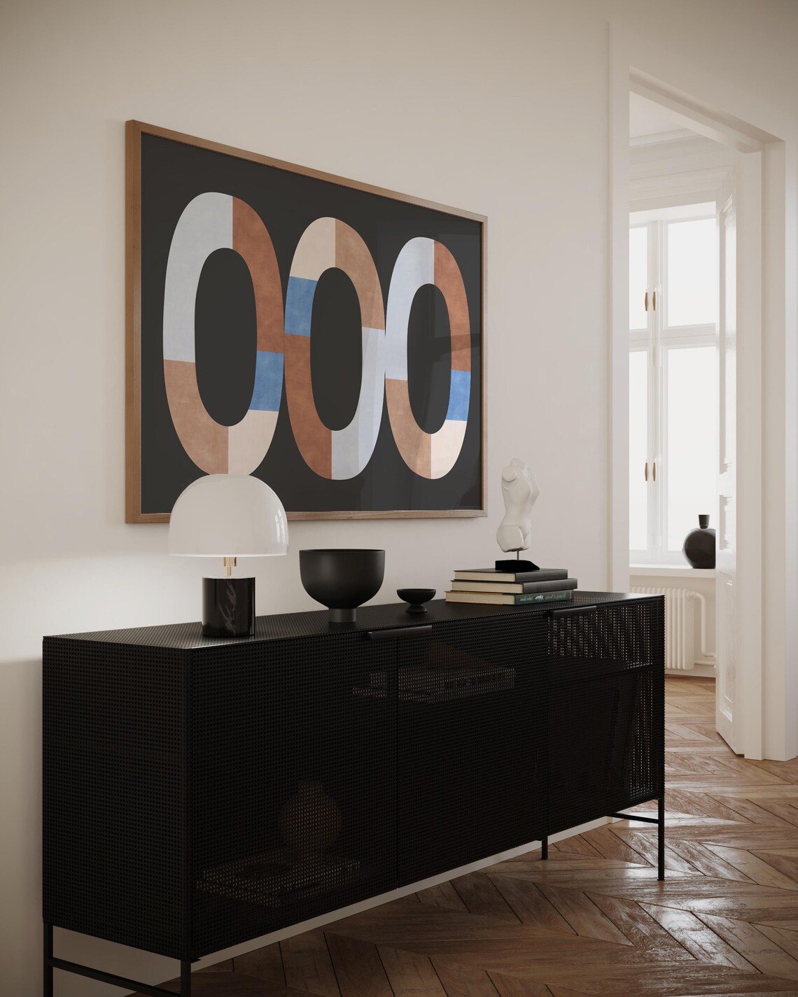 Terracotta White Blue Triple Oval Rings Charcoal Artwork Poster - Image 3