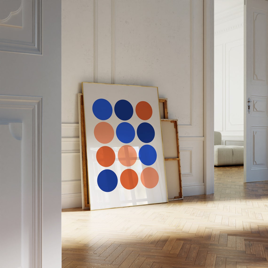 Mid Century Blue Orange Circles Geometric Retro Abstract Wall Art - Image 3