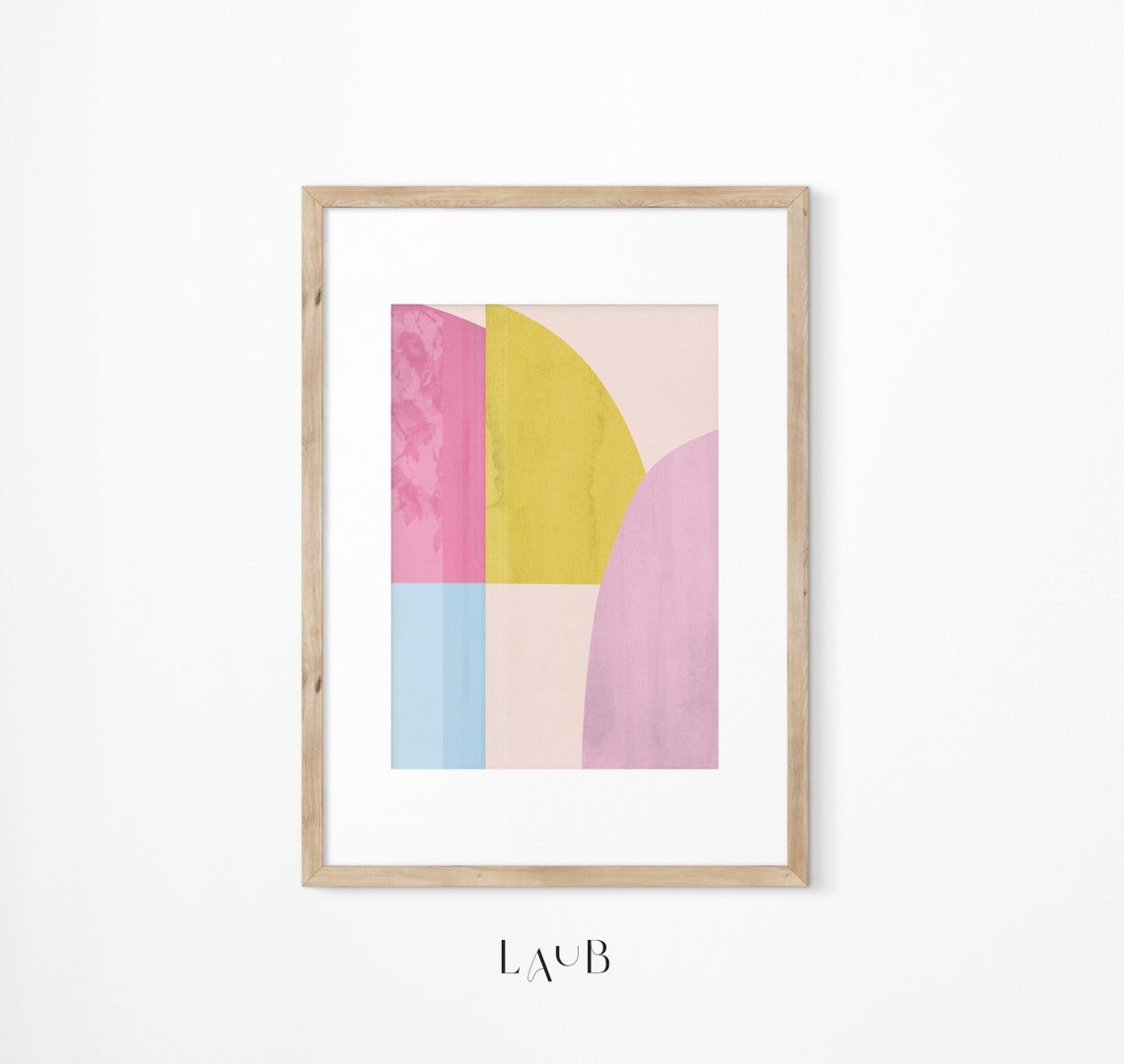 Mid Century Pastel Pink Yellow Arch Geometric Abstract Wall Art - Image 3