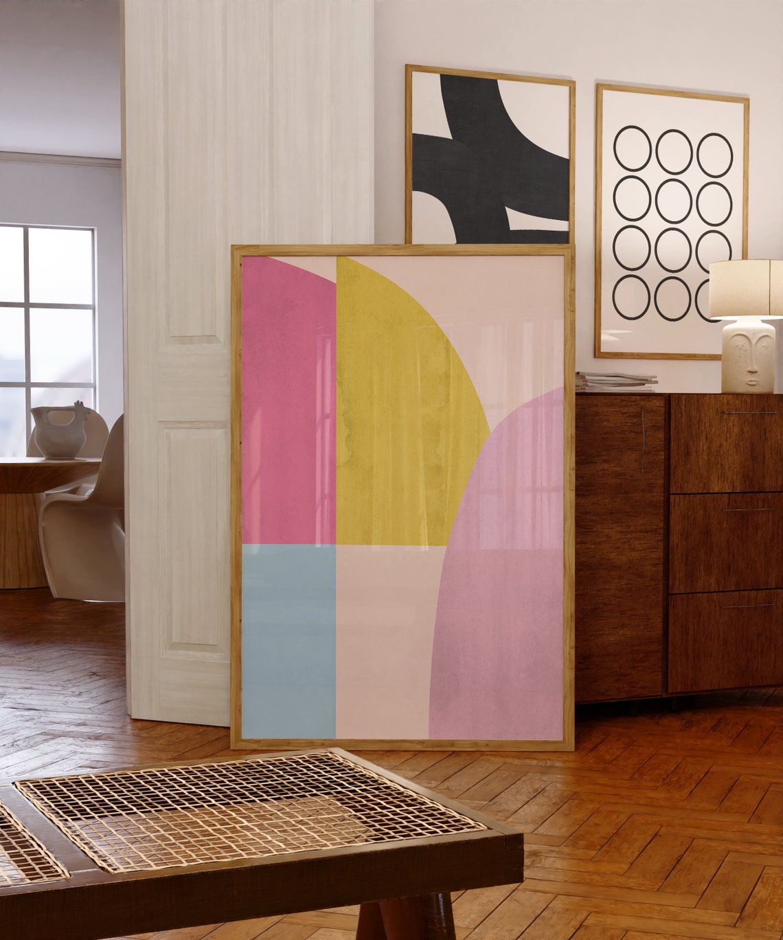 Mid Century Pastel Pink Yellow Arch Geometric Abstract Wall Art