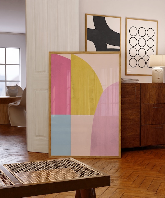 Midcentury Geometric Pink Yellow Blue Modern Minimalist Wall Art Light Tones Wall Art Retro Home Decor Painting