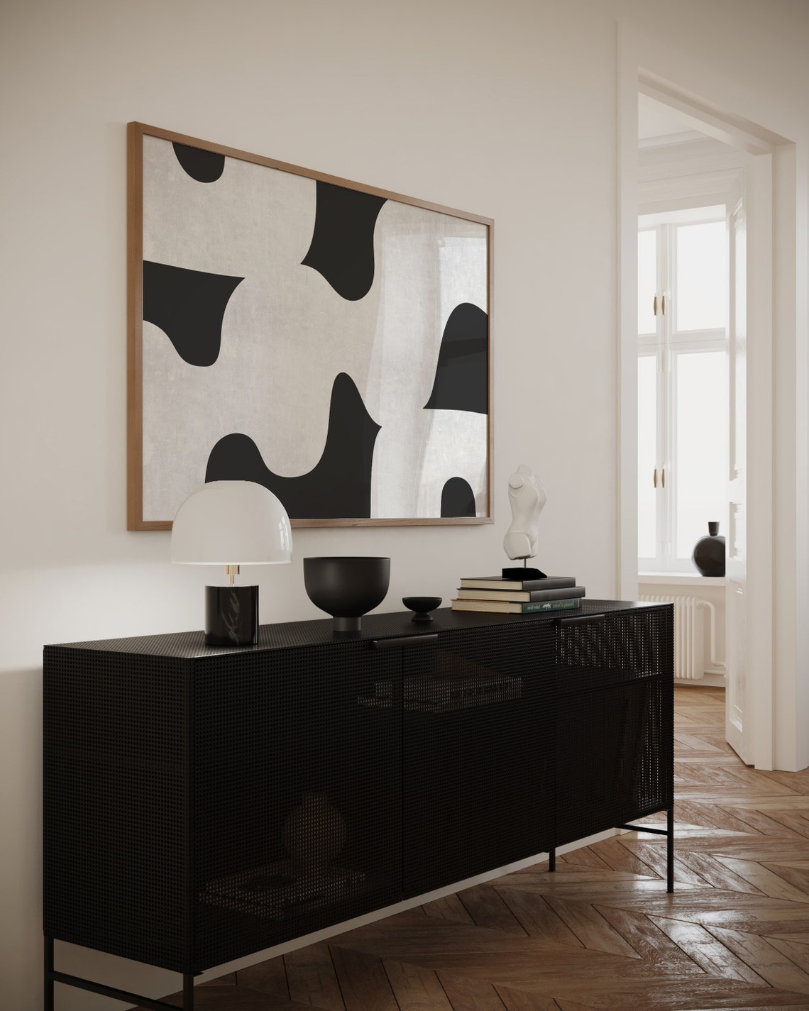 Black Organic Blobs on Soft Grey Mid Century Abstract Wall Art - Image 2