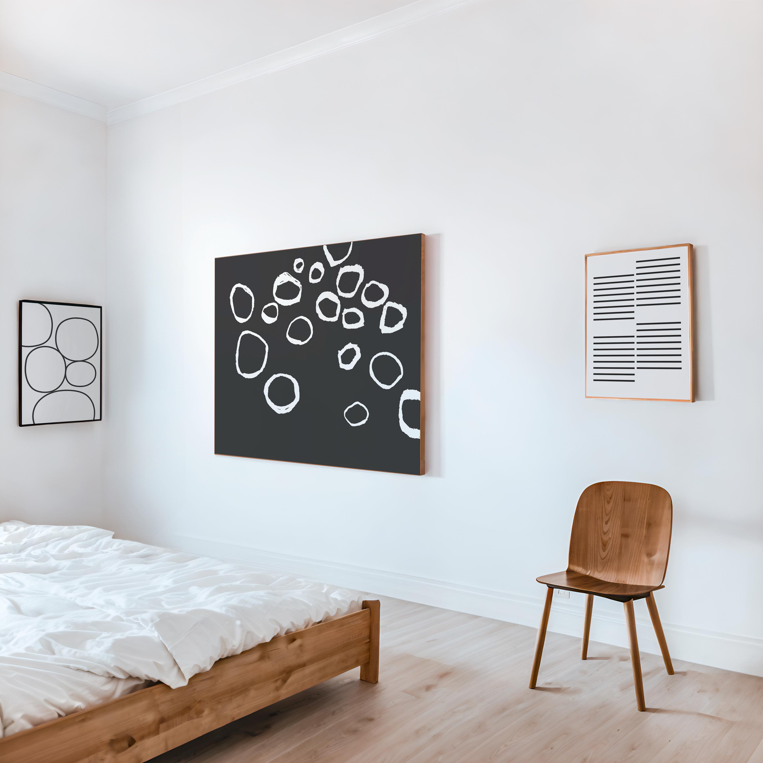 White Organic Circle Outlines on Black Minimalist Abstract Wall Art - Image 3