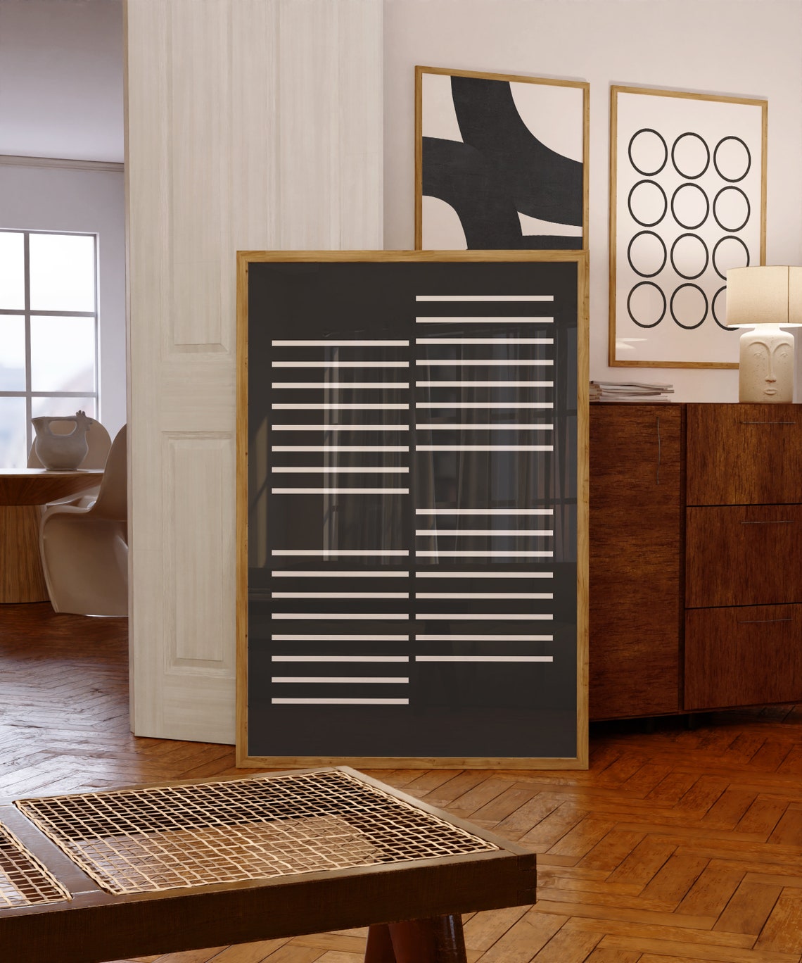 White Lines on Black Minimalist Abstract Wabi Sabi Style Wall Art