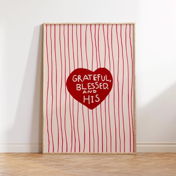 Heart Bible Print Grateful Blessed And His Trendy Striped Christian Girl Wall Art Digital Download