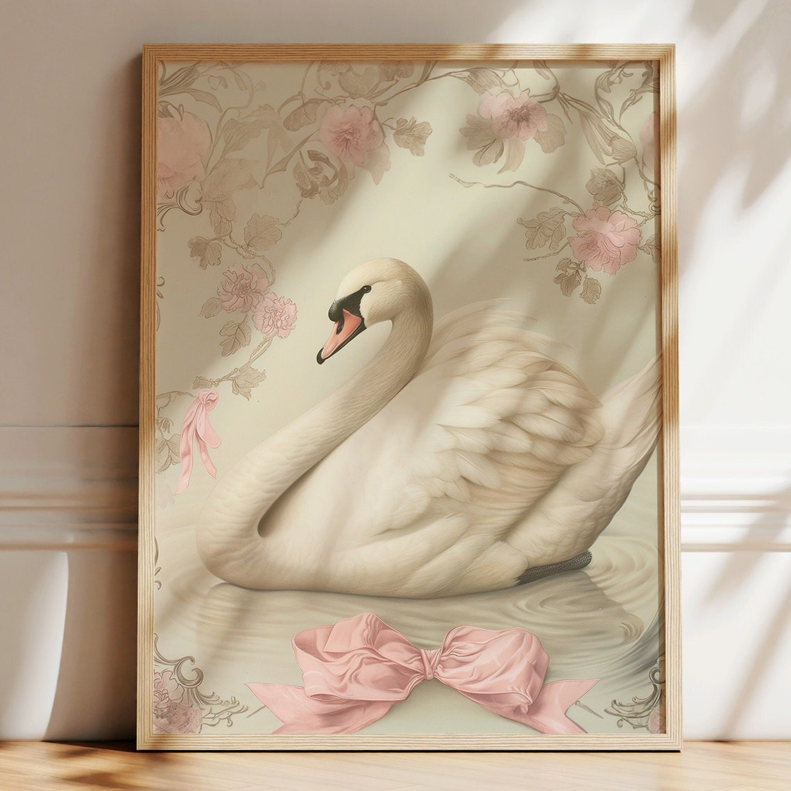 Elegant White Swan With Pink Bow Coquette Floral Nursery Poster