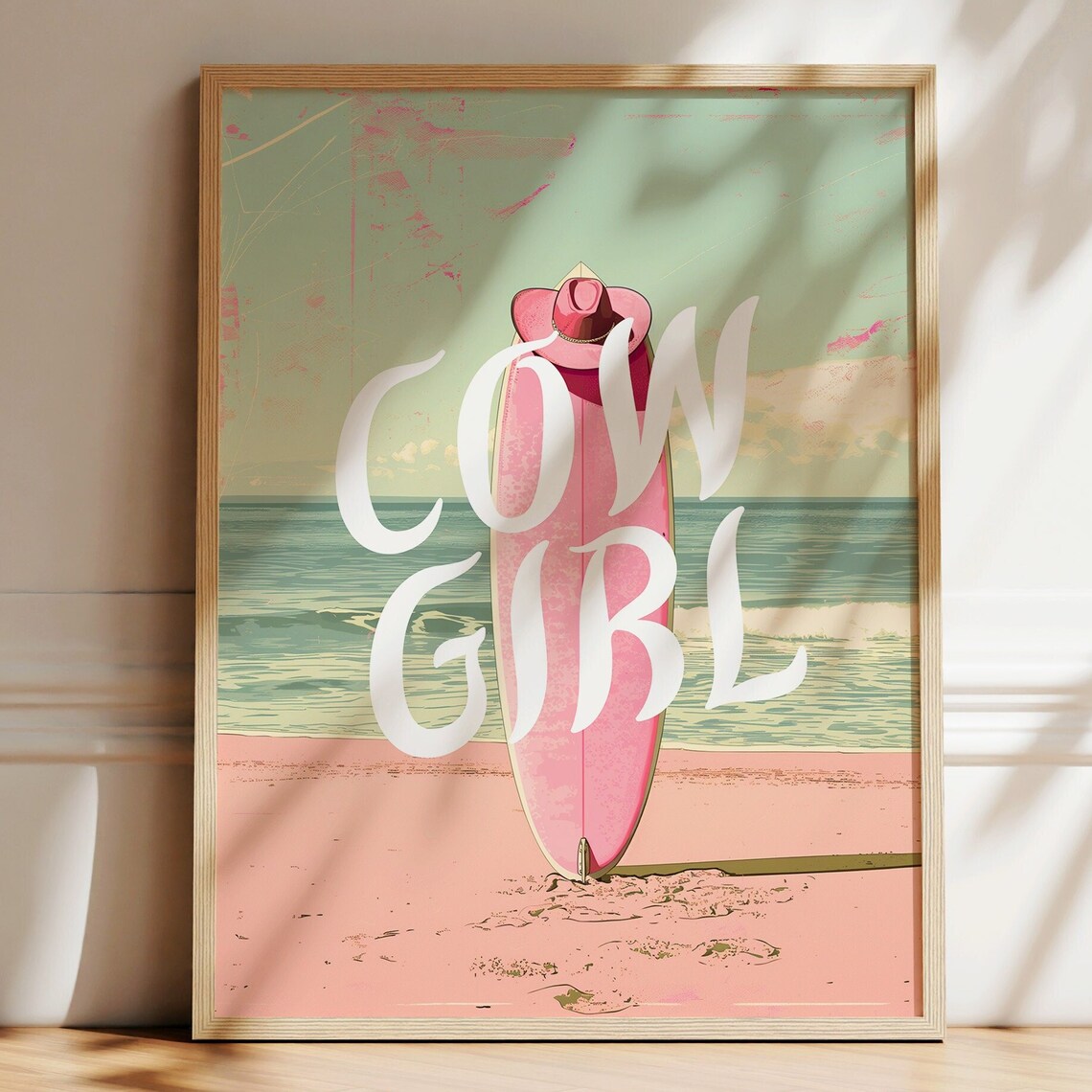 Coastal Cowgirl Pink Surfboard Western Beach Summer Retro Poster