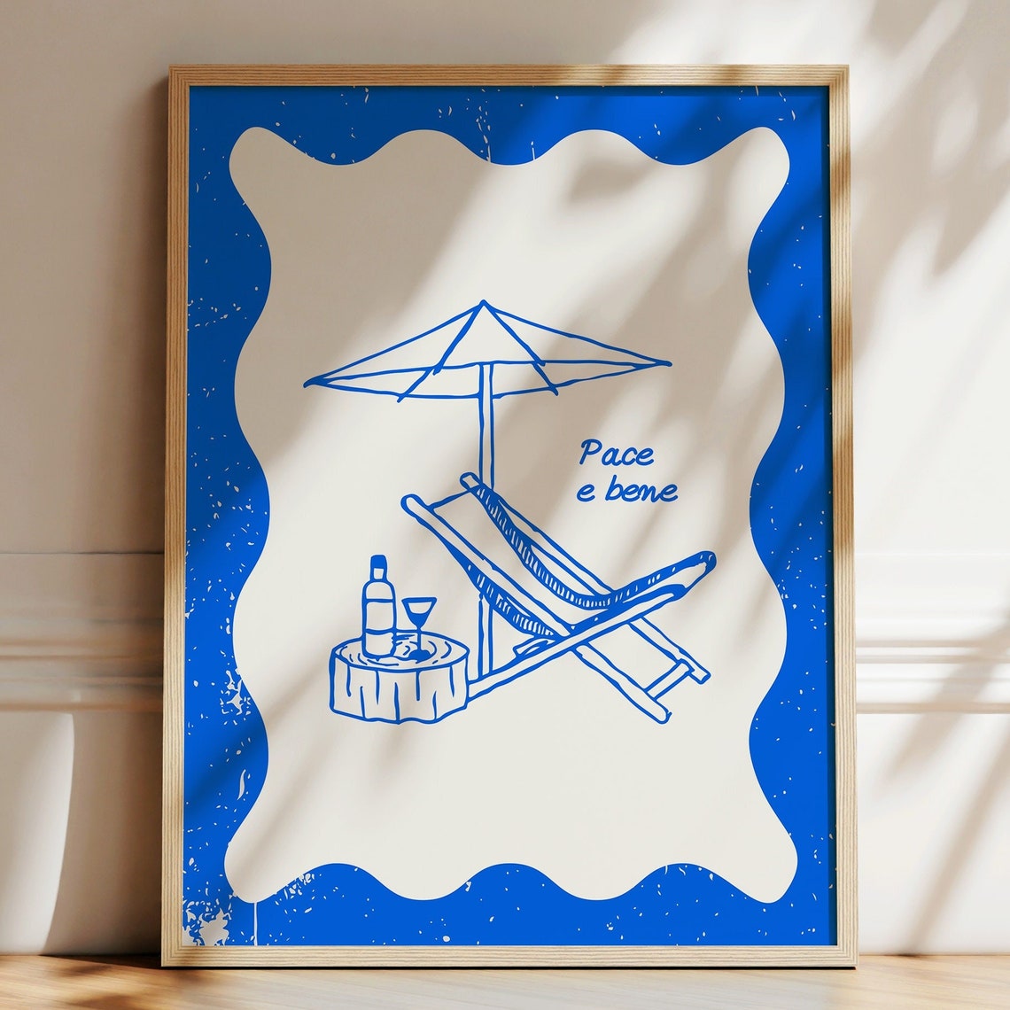 Pace e Bene Blue Italian Beach Lounge Minimalist Line Art Poster