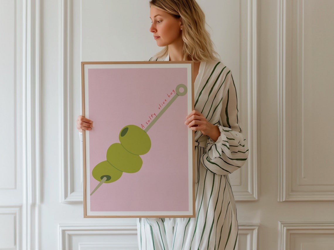 A Salty Olive Hug Olive Skewer Pink Minimalist Kitchen Poster - Image 3