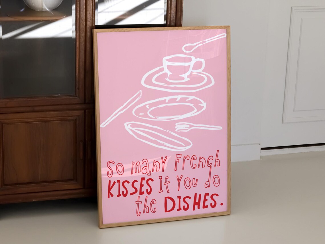 So Many French Kisses If You Do the Dishes Pink Kitchen Poster - Image 3