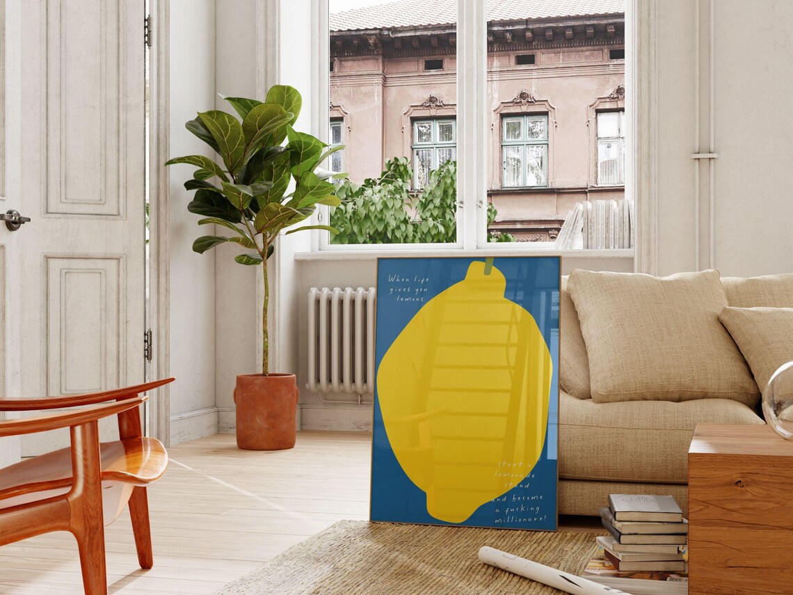 When Life Gives You Lemons Giant Lemon Blue Pop Art Quote Poster - Image 4