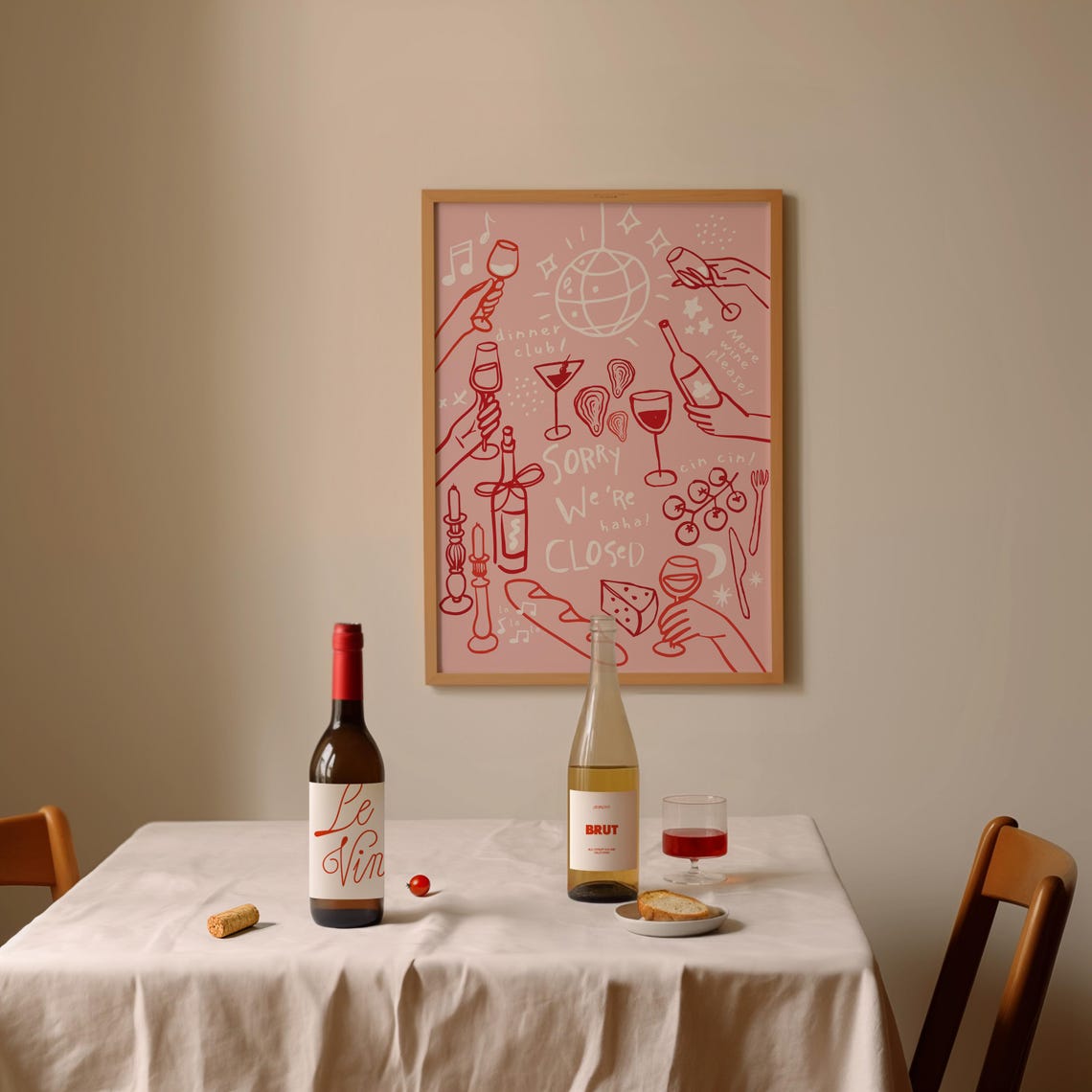 Pink Dinner Club Sorry We're Closed Wine Illustration Poster - Image 2