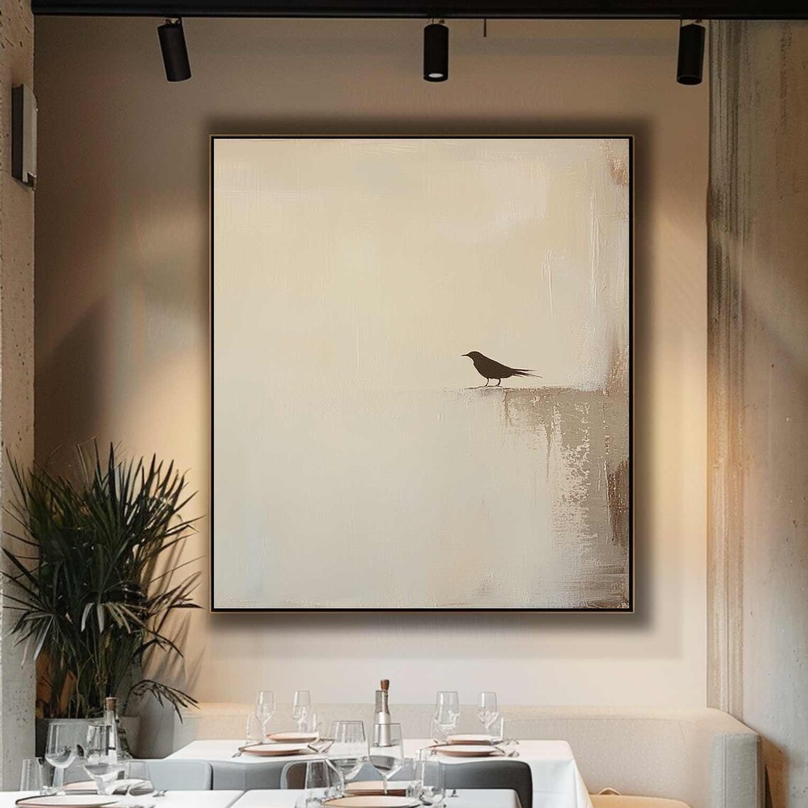 Minimalist Bird Abstract Painting, Beige Art Print
