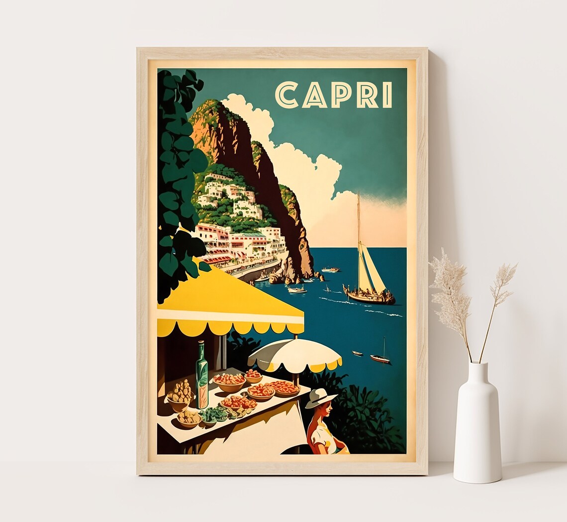 Capri Italy Retro Coastal Travel Poster, Preppy Style