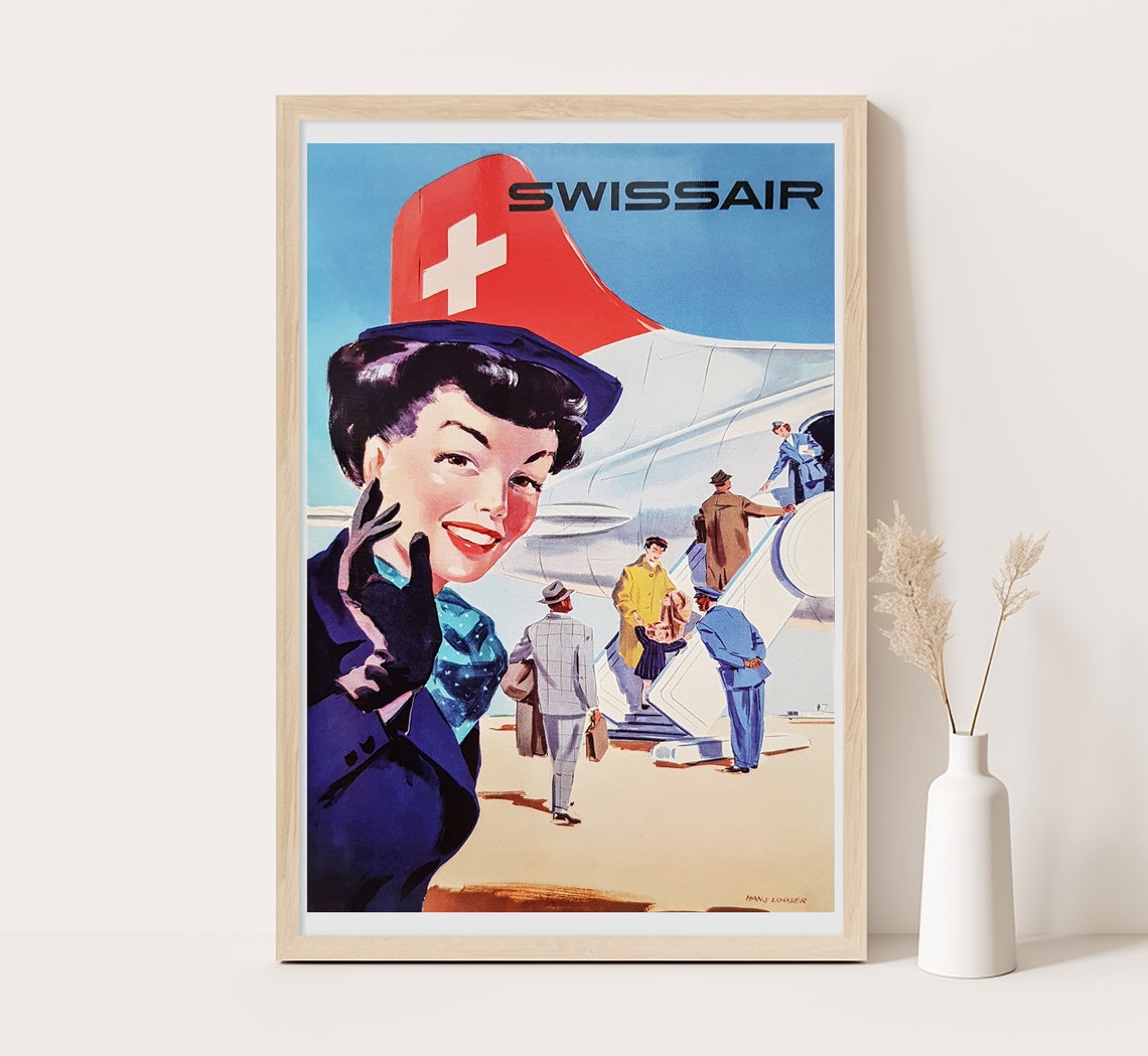 Swissair Vintage Stewardess Boarding Plane Retro Airline Travel Poster