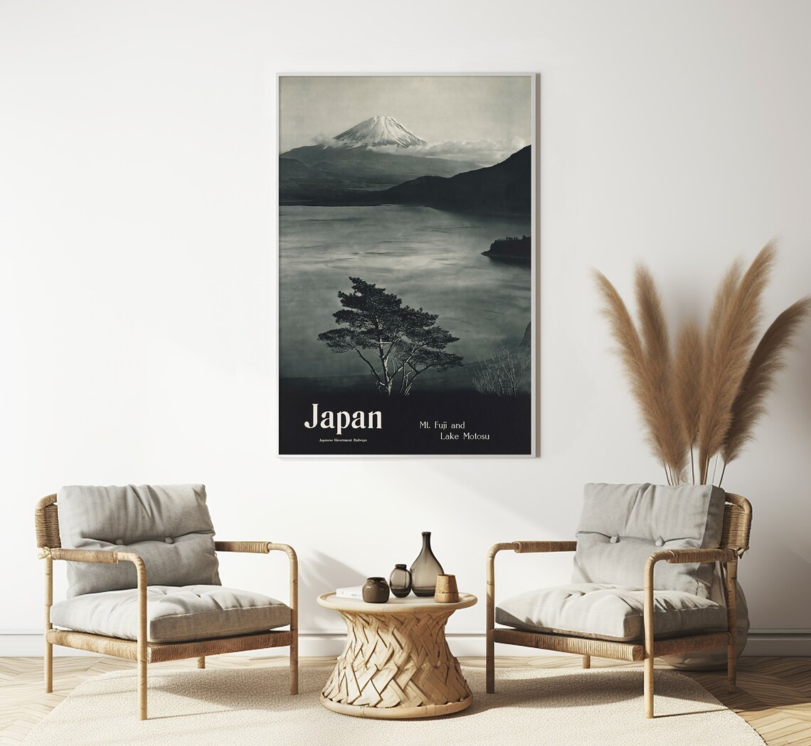 Japan Mount Fuji Lake Motosu Black White Pine Vintage Travel Poster - Image 3